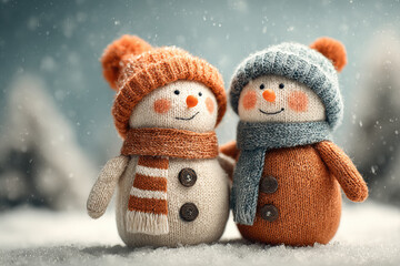 Two charming knitted snowmen stand together in a whimsical winter scene. Adorable plush figures wear colorful hats and scarves amidst falling snow, celebrating a cozy holiday season.