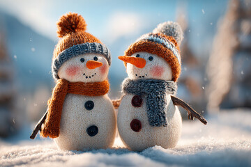 Two charming knitted snowmen stand in a pristine snowy landscape. Dressed in colorful hats and scarves, they evoke warmth, holiday spirit, and winter cheer.