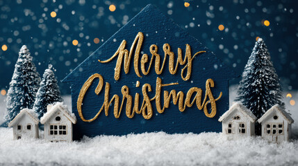 Golden Merry Christmas message on a blue house, nestled in a snowy miniature village with frosted trees and bokeh lights, creating a cozy festive holiday atmosphere.