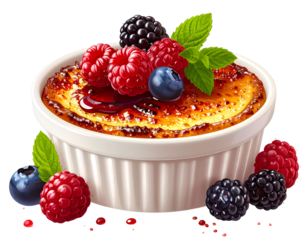 Classic Creme Brulee in White Ramekin with Berries and Mint Garnish, Transparent PNG