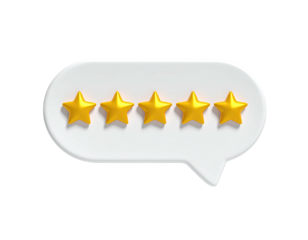 3D-rendered rating concept of five golden stars in a white speech bubble, isolated on black
