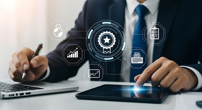 Businessman interacting with digital interface and technology icons for business growth