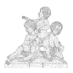 Three children stacked in a wireframe sculpture form an intricate black and white drawing. The minimalist style highlights their playful interaction against a plain white background.