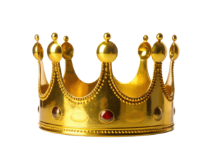 Shiny, ornate golden crown, likely for a monarch, with embedded jewels and a black backdrop