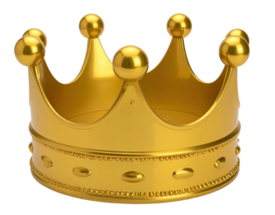 A shiny, gold crown, featuring prominent prongs and spheres on top. Isolated on black background