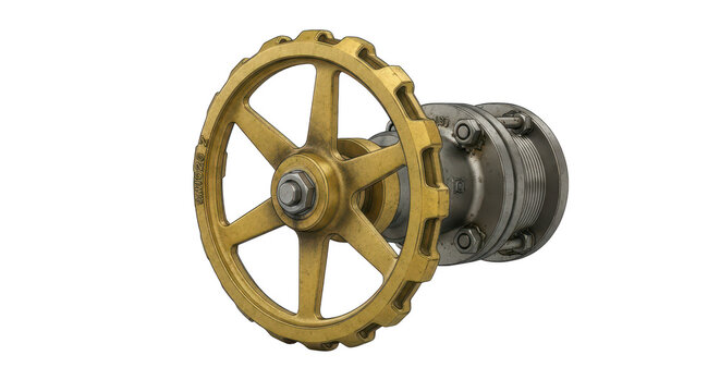 Industrial yellow gear mechanism isolated on transparent background