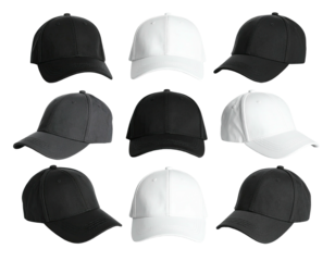 Nine baseball caps, in various shades of grey, black, and white, arranged in a 3x3 grid