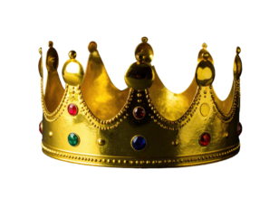 A golden, ornate crown with colorful gems set against a pure black background