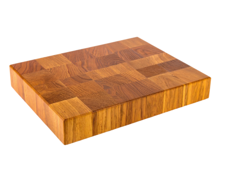 A rectangular wooden butcher block with a mosaic pattern, isolated against a black background