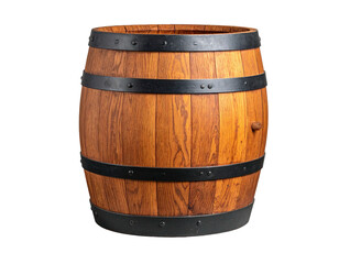 Obraz premium A close-up of a wooden barrel with dark metal bands and a wooden bung on a black background