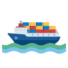 Flat cargo ship carrying containers, marine transport vector
