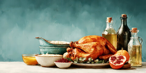 Vibrant Thanksgiving Still Life with Roasted Turkey, Gravy, and Blue Background