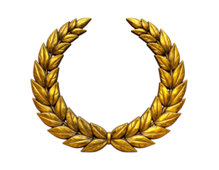 A close-up rendering of a gilded laurel wreath, symmetrical and isolated on black