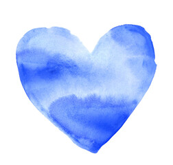 Cœur bleu peint à la main à l’aquarelle, texture papier et traces de pinceau visibles / Hand-painted blue watercolor heart with visible brush strokes and paper texture