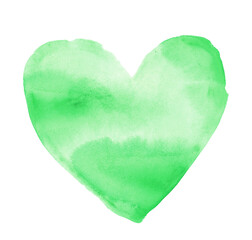 Cœur vert peint à la main à l’aquarelle, texture papier et traces de pinceau visibles / Hand-painted green watercolor heart with visible brush strokes and paper texture