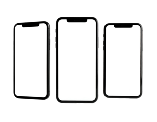 Three blank-screened smartphones, angled and set against a solid black backdrop