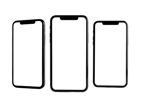 Three blank-screened smartphones, angled and set against a solid black backdrop