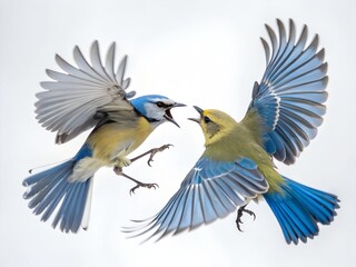 Blue-winged Warblers Fighting Mid-Air Isolated on White