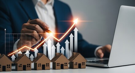 Real estate investment growth chart showing upward trend with miniature houses and laptop