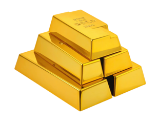 Shiny, stacked golden bars with detailed surface reflections, against a dark background