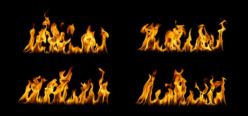Set of realistic fire flames isolated on black background showing burning motion and heat energy....