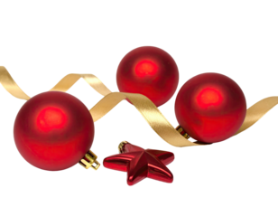 Festive arrangement of three red spherical ornaments with a gold ribbon and a star on black