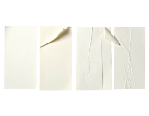 Four paper rectangles, varying states of peeling, creasing, and damage