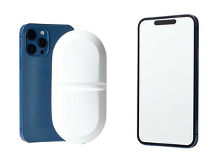 A blue smartphone rests alongside a white, pill-shaped object, and another phone