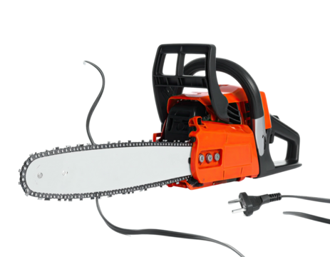 Close-up of an electric chainsaw with an orange casing and a white, metallic blade