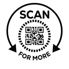 Black and white vector icon with a QR code and the text 