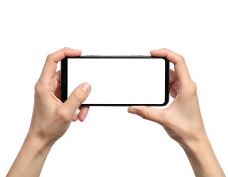 Two hands holding a smartphone horizontally against a black background