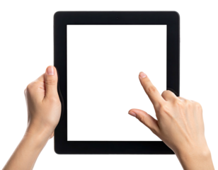 Hands hold a black electronic tablet with empty screen for digital display or user interaction