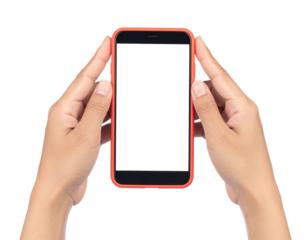 Person's hands holding a smartphone with a blank white screen against a black background