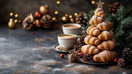 Festive croissant Christmas tree sprinkled with powdered sugar, surrounded by coffee cups, pine cones, coffee beans on rustic wooden surface with softly glowing holiday lights. Banner, copy space