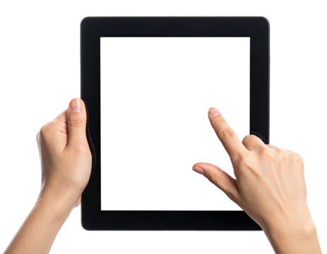 Hands hold a black electronic tablet with empty screen for digital display or user interaction