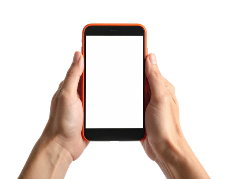 Two hands holding a smartphone with a blank white screen, isolated on a black background