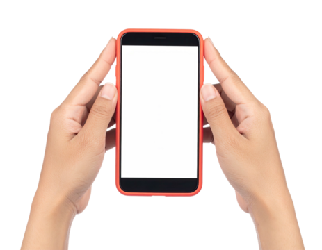 Person's hands holding a smartphone with a blank white screen against a black background