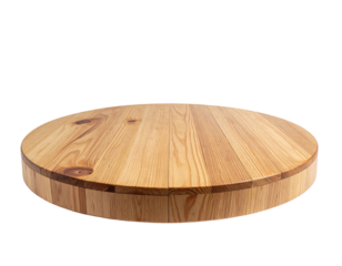 A circular light-brown wood platform, slightly angled, stands against a deep-black background