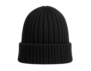 Studio shot of a plain black ribbed knit beanie against a pure black background