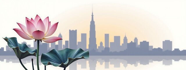 Dusk Cityscape, Pink & White Lotus Bloom