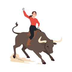 Woman Riding a Bull in Rodeo Competition. Flat vector illustration isolated on white background