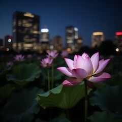 Pink & White Lotus Blooms, Dark Cityscape