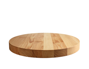 A natural wood circular stage isolated against a black background, showcasing a display