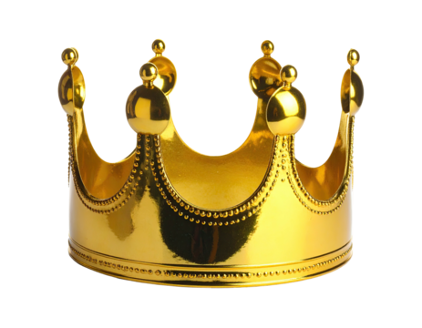 Shiny golden crown, rendered with highlights, set against a black, isolated background