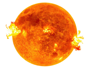 A vibrant celestial body with visible surface activity and solar flares on a black background
