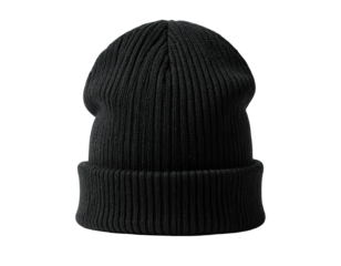 A classic, ribbed-knit black beanie hat, perfect for warmth and style