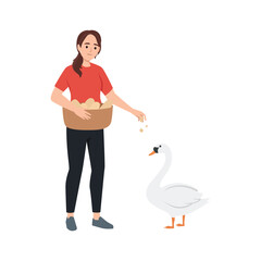 Woman Feeding Goose Outdoors. Flat vector illustration isolated on white background