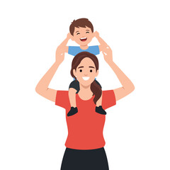 Happy Mother Carrying Son on Shoulders. Flat vector illustration isolated on white background