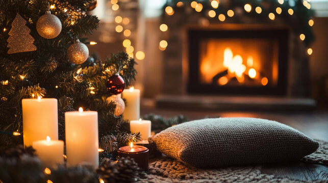Fireplace scene with meditation cushion, holiday decorations, twinkling lights, and Christmas music ambiance, cozy festive interior, peaceful winter atmosphere, copy space