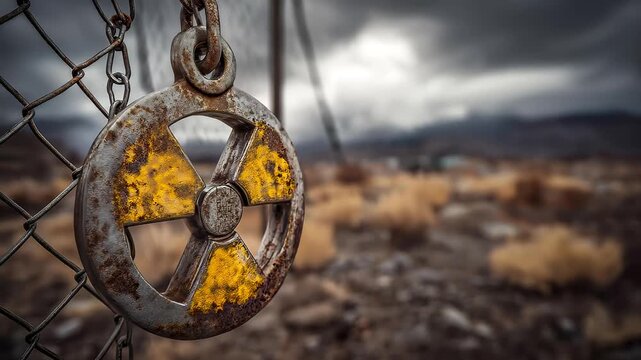 A rusty radiation warning symbol hanging on a chain-link fence. Post-apocalyptic scene of a radioactive hazard in a desolate wasteland. Nuclear disaster and anti-nuclear action concept